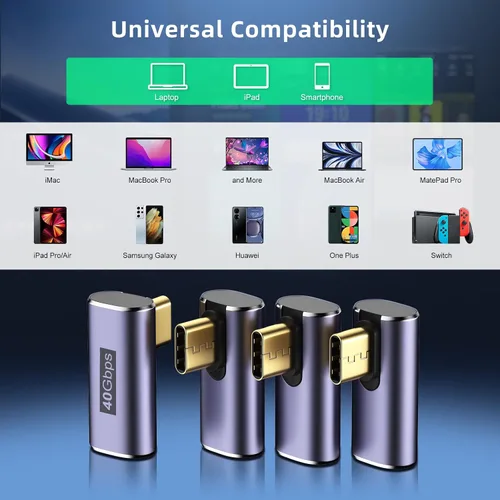 Vista 6 de Adaptador de ángulo recto USB C, 4 unidades, video 8K 60Hz 40Gbps transferencia de datos PD 100W Adaptador USB C de 90 grados compatible