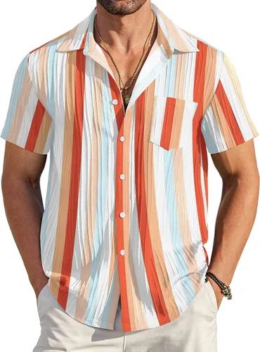 Vista 15 de COOFANDY - Camisas de botones casuales para hombre, de manga corta, con textura, camisa de playa de verano con bolsillo