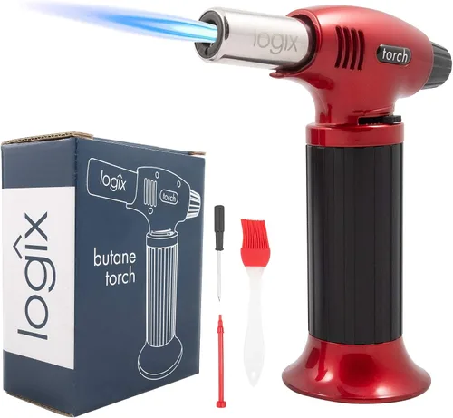 Vista 8 de Encendedor de antorcha de butano, antorcha de cocina para caramelizar, sellar, recargable con bloqueo de seguridad, llama doble ajustable para Azul