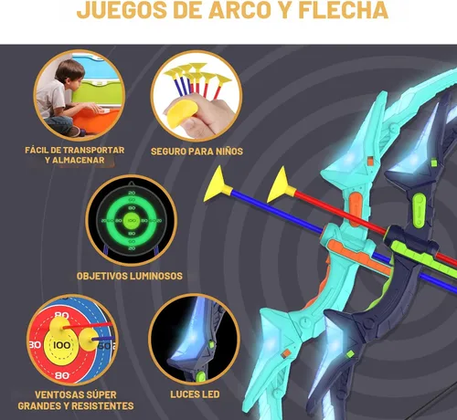 Vista 3 de Kmuxilal Paquete de 2 Arcos y Flechas para Niños con Luces LED Intermitentes, 14 Flechas con Ventosa y Diana de Pie Fluorescente - Juego de Tiro