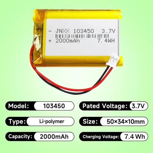 Vista 2 de 103450 Batería 3.7V 2000mAh 7.4wh Lipo Batería recargable con 2 cables JST 0.079 in Conector para altavoz y dispositivo inalámbrico (paquete de 1)