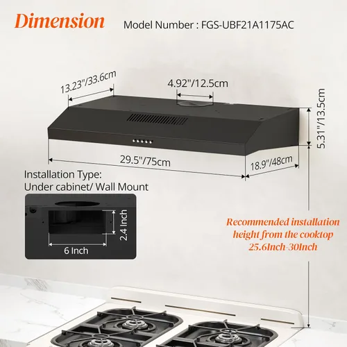 Vista 6 de FIREGAS Campana de Ventilación Negra de 30 Pulgadas para Debajo del Gabinete, Campana de Cocina Convertible con y sin Conductos, 300 CFM, Ventilador