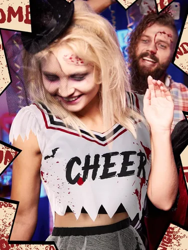 Vista 6 de Xtinmee Disfraz de animadora zombi de Halloween para mujeres y niñas, vestido de sangre sin animadoras, con pompones, cuerdas para el cabello