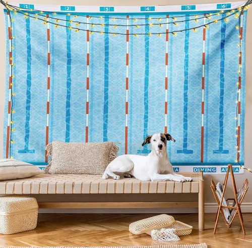 Vista 8 de Lunarable Tapiz azul, piscina temática de competición deportiva con carriles imagen de pictograma acuático, decoración de tela para colgar