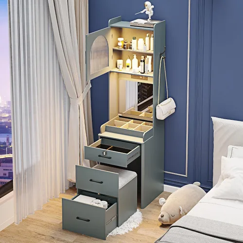 Vista 5 de Escritorio pequeño con espejo y luces, mesa de maquillaje gris con cajones para espacios pequeños, juego de tocador compacto de esquina mini
