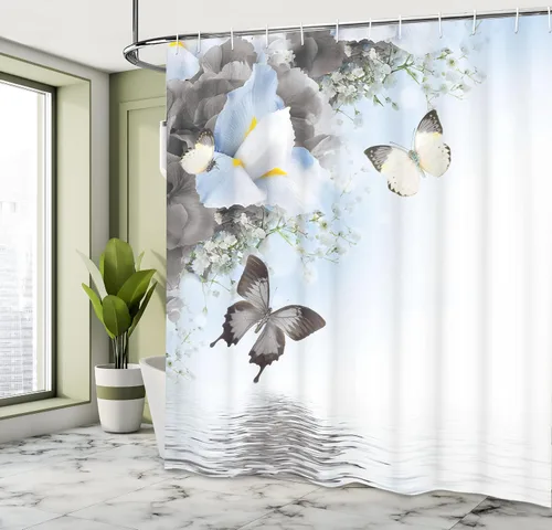 Vista 4 de Ambesonne Cortina de ducha floral, diseño de flores silvestres monarca voladoras lirio en lago Therapy Spa, juego de decoración de baño de tela