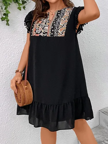 Vista 7 de SweatyRocks Vestido casual de manga corta para mujer, talla grande, estampado de cachemira, cuello con muescas, manga casquillo, dobladillo