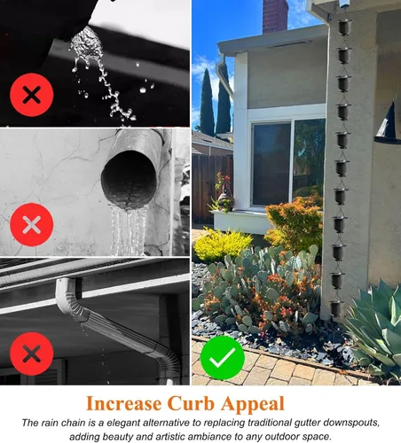 Vista 2 de Rainwater Catcher Rain Chain Rust-Resistant, Aluminum Alloy Cups Rain Catcher for Downspout, Courtyard Garden Sheds Deck Rain Chimes(Black,1m