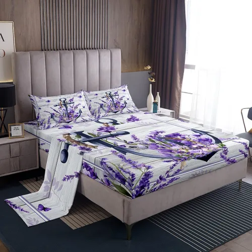 Vista 3 de Anchor Nautical - Juego de sábanas románticas para niños, tamaño individual, diseño de mariposas y lavanda morado, decoración de habitación de niños