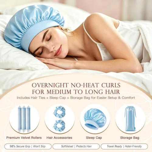 Vista 2 de Heatless Hair Curlers with Satin Sleep Bonnet Set, No Heat Damage Blue Set-3PCS