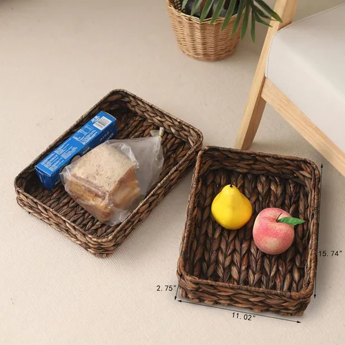 Vista 8 de Bandeja de servir tejida de jacinto de agua rectangular Bandejas de almacenamiento de mimbre tejidas a mano para café/desayuno/postre/fruta/pan