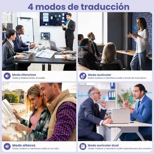 Vista 5 de Auriculares de traducción AI en tiempo real, 144 idiomas, traductor de idiomas inalámbricos en línea, dispositivo de traducción 3 en 1 con Violeta