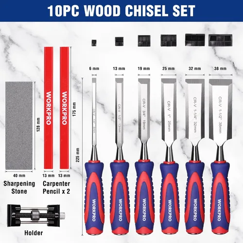 Vista 10 de WORKPRO Juego de cinceles de madera de 10 piezas para carpintería, cinceles de borde biselado Cr-V (1/4", 1/2", 3/4", 1", 1-1/4", 1-1/2") con piedra