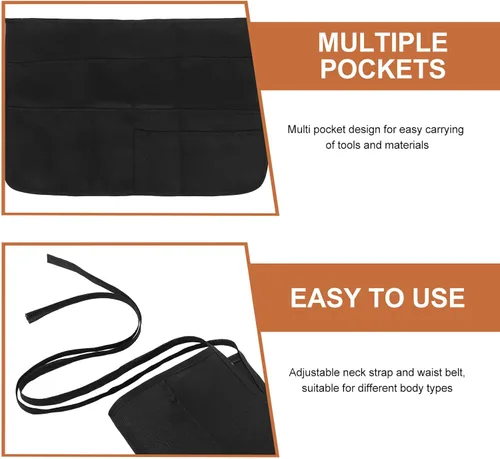 Vista 8 de ORFOFE Server Apron with Pockets Black Polyester Half Apron for Women and Men Multi-pocket for Cooking and Food Service Washable for Restaurant Use