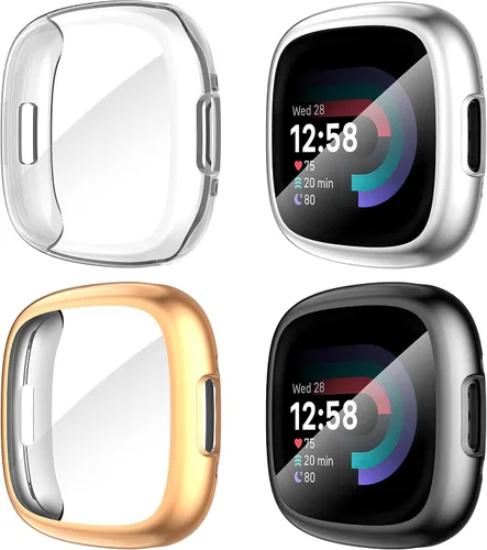 Vista 9 de Suoman [Paquete de 4] para Fitbit Sense 2/Versa 4 Funda Protectora de Pantalla, Parachoques de TPU Suave Galvanizado Completamente Alrededor Funda