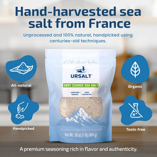 Vista 3 de URSALT Sal marina francesa gruesa gris – Sel Gris cosechada a mano de Francia (1 libra) – 82+ rica en minerales, 100% natural y sin refinar, sal