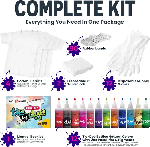 Vista 2 de KOOL KRAFTS Kit de teñido anudado, todo incluido con 12 colores vibrantes, + 4 camisetas blancas, perfecto para niños y adultos, divertidos