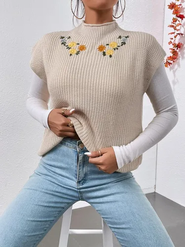 Vista 3 de Floerns Chaleco de suéter con cuello alto bordado floral para mujer