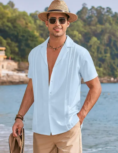 Vista 5 de COOFANDYMen'sCubanGuayaberaShirtsShortSleeveButtonDownShirtsSummerBeachShirts