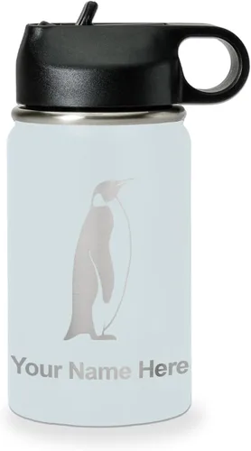 Vista 65 de LaserGram Botella de agua personalizada, pingüino, acero inoxidable de doble pared aislada al vacío con popote superior, regalo grabado
