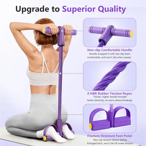 Vista 4 de Pedal Resistance Band with Handle, 6-Tube Natural Rubber Exercise Bands Upgraded Foot Pedal Resistance Bands for Working Out, Multifunction Púrpura