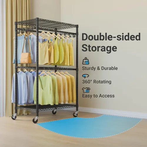 Vista 4 de VIPEK R2 Pro - Perchero enrollable para ropa de 2 lados, resistente con ruedas, estantes ajustables, varillas para colgar, armario portátil