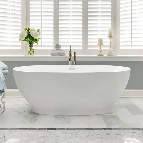 Vista 11 de FerdY Tahití - Bañera de acrílico independiente de 55 pulgadas, elegante bañera de remojo de forma ovalada, blanco brillante, drenaje dorado