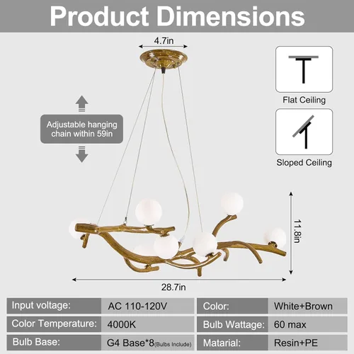 Vista 7 de Lámpara de Araña Moderna de Techo de 28.7 pulgadas, Lámpara de Araña Sputnik de 8 Luces de Resina de Mediados de Siglo sobre Mesa, Candelabros