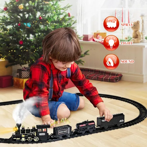 Vista 4 de Juego de tren para niños, juguete de tren con vapor, luz y sonidos, conjuntos de tren de Navidad para debajo del árbol, para niños y niñas de 3 4 5