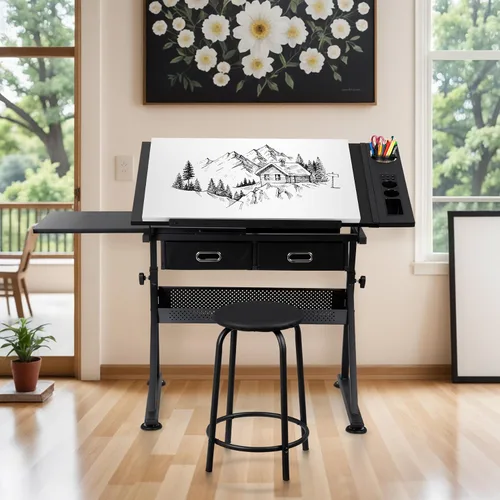 Vista 4 de Mesa de Dibujo Escritorio de Dibujo Estación de Trabajo de Arte y Manualidades Altura Ajustable Tablero Inclinable Mesa de Manualidades Escritorio