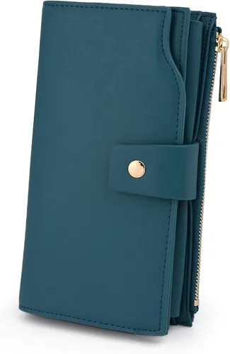 Vista 18 de UTO Cartera de cuero vegano para mujer, cartera larga con broche de presión, tarjetero de crédito, elegante embrague 0153 Gris