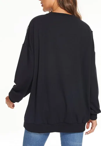 Vista 2 de Sudadera de gran tamaño para mujer, cuello redondo, manga larga, ribete de flecos, sin botones
