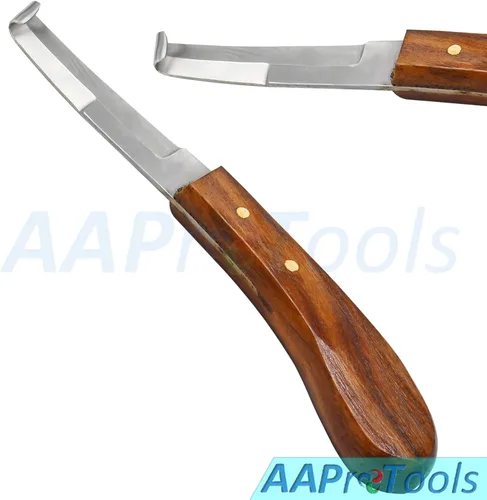 Vista 2 de Cuchillo de pezuña para zurdos de doble filo con mango de madera, marrón