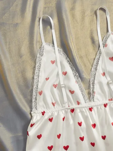 Vista 3 de OYOANGLE Conjunto de 2 piezas de satén con estampado de corazón de malla transparente para mujer, brasier y bragas con aros