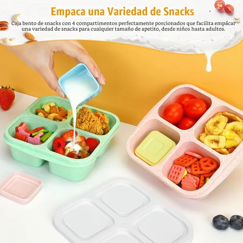 Vista 2 de Caperci Recipientes para aperitivos con 4 compartimentos (paquete de 4) con 2 tazas de salsa a prueba de fugas, recipientes divididos reutilizables