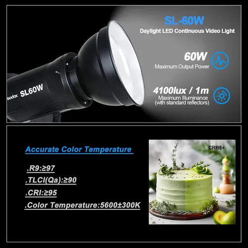 Vista 4 de Godox SL-60W CRI 95+ Luz de vídeo LED SL60W Versión Blanca 5600K 60WS Bowens Mount+Control Remoto+Reflector