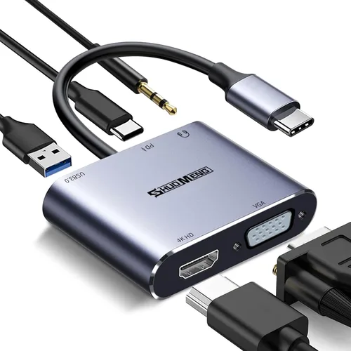 Vista 8 de Hub USB C 4 en 1, adaptador multipuerto tipo c a HDMI, 4K HD, VGA, puerto de carga de 100 W, USB3.0, compatible con Switch, Steam Deck, Rog Ally