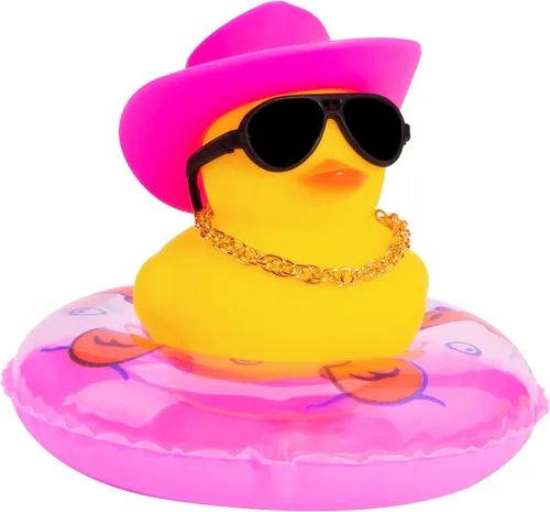 Vista 13 de wonuu Pato de goma para automóvil, decoración de pato amarillo con sombrero para el sol, anillo de natación, collar, gafas de sol para decoración