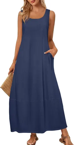 Vista 10 de Vestidos de iglesia para mujer 2025, casual, holgado, sin mangas, largo, fluido, vestido de verano con bolsillos