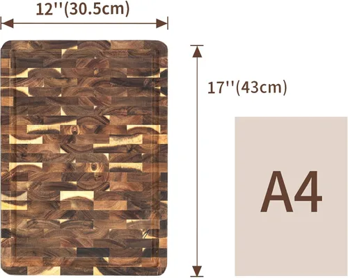 Vista 4 de Utoplike Tabla de cortar de acacia de 17 x 12 pulgadas, tabla de cortar de grano final de madera con ranura de jugo de un solo lado y asas, bloque