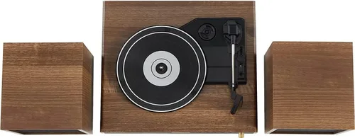 Vista 3 de Crosley CR7019A-WA Alto Sistema de estante giratorio de 3 velocidades con Bluetooth, radio FM y altavoces estéreo a juego, nogal