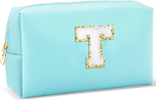 Vista 28 de URSKYTOUS Regalos para niñas, bolsa de maquillaje con inicial, bolsa de cosméticos personalizada con cremallera, bonita bolsa de aseo de viaje, Azul