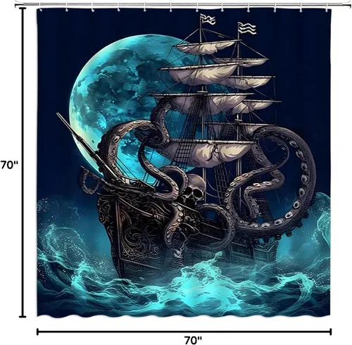 Vista 4 de Cortina de ducha náutica de pulpo, diseño de animales marinos, olas de mar, ataque, pirata, velero, barco, pulpo, tentáculos, bajo la luna, cielo