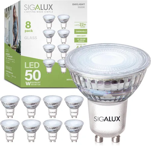 Vista 8 de Sigalux Paquete de 8 bombillas LED GU10, 3000 K blanco cálido, 4.2 W (equivalente a 50 W) no regulable, 350 lúmenes, foco de 35°, bombilla MR16 GU10