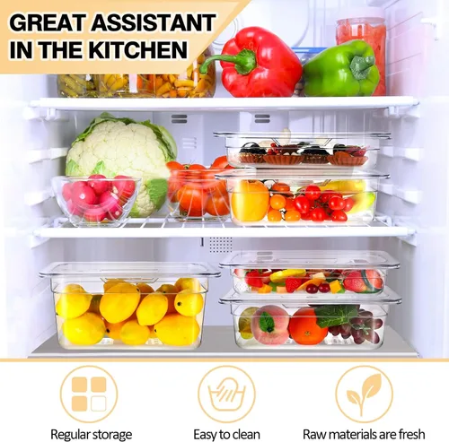 Vista 6 de Tioncy 12 sartenes transparentes de tamaño 1/3 con tapas, recipientes apilables de plástico para ensaladas, almacenamiento comercial de alimentos