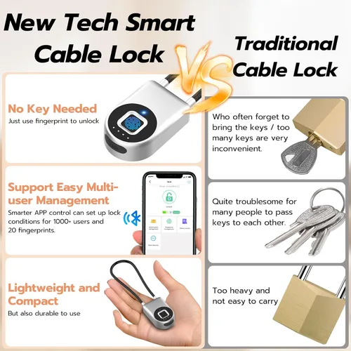 Vista 2 de eLinkSmart - Cerradura de cable de huellas dactilares, cerraduras para nevera con control de aplicación Bluetooth, candado inteligente biométrico