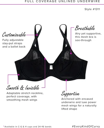 Vista 3 de Curvy Couture Sujetador de malla transparente de cobertura completa sin forro con aros para mujer