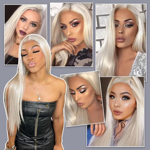 Vista 6 de Pelucas de encaje frontal rubio platino de 13 x 4, cabello largo y lacio, peluca blanca sintética con encaje frontal para mujeres, cabello Kanekalon