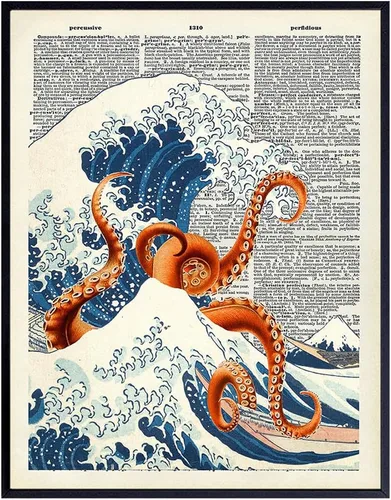 Vista 9 de Arte de Pared Decorativo Diccionario Pulpo Ola Kanagawa Japonés - Decoración Retro para el Hogar Reciclada de 8x10 pulgadas para Oficina