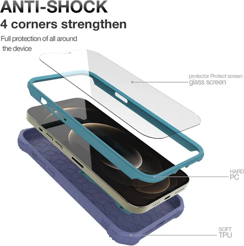 Vista 2 de Funda para Apple iPhone 12 Pro Max, protección de grado militar a prueba de golpes con protector de pantalla HD de vidrio templado y soporte Azul